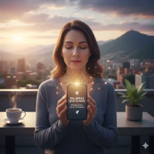 Persona en silencio al amanecer cerrando los ojos frente a su móvil, recibiendo una reflexión espiritual que simboliza la fe en Dios y palabras que sanan el alma.