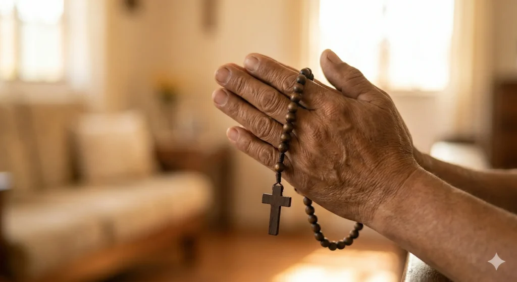Primer plano de manos latinas unidas en oración sosteniendo un rosario de madera al amanecer, reflejando fe en el tiempo perfecto de Dios y palabras que sanan el alma.