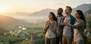Persona mirando al horizonte con serenidad, representando la gratitud y la fe en sus proyectos.
