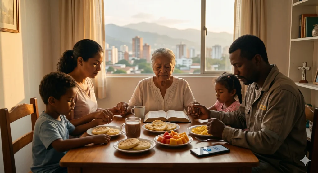 Familia latina unida en la mesa de su hogar orando con fe activa por la provisión y abundancia divina.