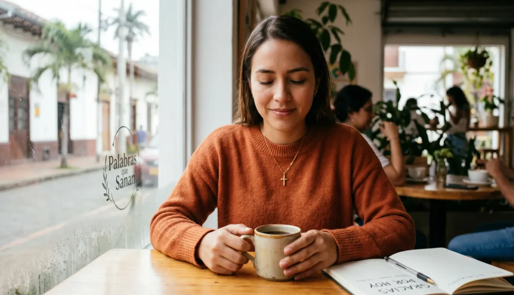 Mujer joven en un momento de paz y agradecimiento profundo durante su jornada diaria.