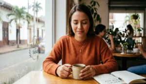 Mujer joven en un momento de paz y agradecimiento profundo durante su jornada diaria.